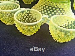 Fenton Topaz Vaseline Opalescent Hobnail Punch Bowl with 12 Cups