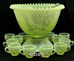 Fenton Vaseline Uranium Glass Large Hobnail Topaz Punch Bowl, 12 Cups, Ladle