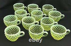 Fenton Vaseline Uranium Glass Large Hobnail Topaz Punch Bowl, 12 Cups, Ladle