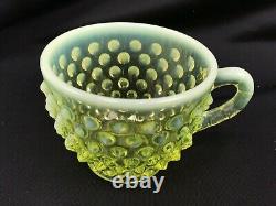 Fenton Vaseline Uranium Glass Large Hobnail Topaz Punch Bowl, 12 Cups, Ladle