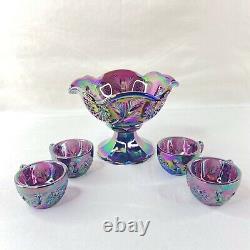 Fenton Vintage Purple Iridescent Carnival Rim Mini Glass Punch Bowl & 4 cup Set