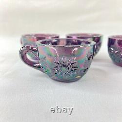 Fenton Vintage Purple Iridescent Carnival Rim Mini Glass Punch Bowl & 4 cup Set