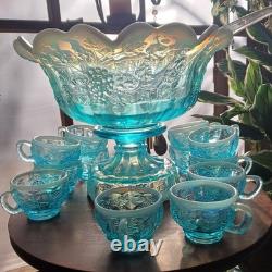 Fenton Westminster Opalescent Flo Blue 14 Piece Grape Panaled Punch Bowl Set