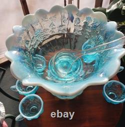 Fenton Westminster Opalescent Flo Blue 14 Piece Grape Panaled Punch Bowl Set