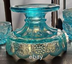 Fenton Westminster Opalescent Flo Blue 14 Piece Grape Panaled Punch Bowl Set
