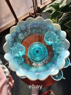Fenton Westminster Opalescent Flo Blue 14 Piece Grape Panaled Punch Bowl Set