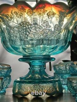 Fenton Westminster Opalescent Flo Blue 14 Piece Grape Panaled Punch Bowl Set