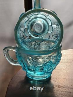 Fenton Westminster Opalescent Flo Blue 14 Piece Grape Panaled Punch Bowl Set