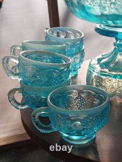 Fenton Westminster Opalescent Flo Blue 14 Piece Grape Panaled Punch Bowl Set