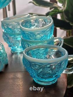 Fenton Westminster Opalescent Flo Blue 14 Piece Grape Panaled Punch Bowl Set