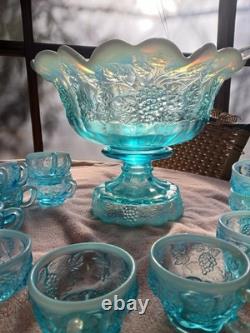Fenton Westminster Opalescent Flo Blue 14 Piece Grape Panaled Punch Bowl Set