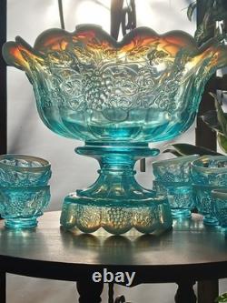 Fenton Westminster Opalescent Flo Blue 14 Piece Grape Panaled Punch Bowl Set
