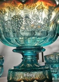Fenton Westminster Opalescent Flo Blue 14 Piece Grape Panaled Punch Bowl Set
