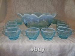 Fenton Westmoreland Blue Opalescent Grape Punch Bowl Set with12 Cups