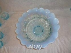 Fenton Westmoreland Blue Opalescent Grape Punch Bowl Set with12 Cups