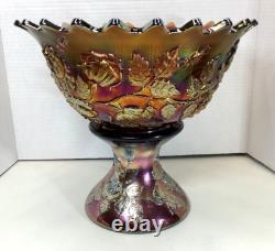 Fenton Wreath Of Roses Amethyst Carnival Glass Punch Bowl withBase Vintage SCARCE