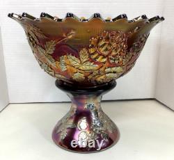 Fenton Wreath Of Roses Amethyst Carnival Glass Punch Bowl withBase Vintage SCARCE
