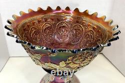 Fenton Wreath Of Roses Amethyst Carnival Glass Punch Bowl withBase Vintage SCARCE