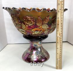 Fenton Wreath Of Roses Amethyst Carnival Glass Punch Bowl withBase Vintage SCARCE