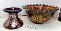 Fenton Wreath Of Roses Amethyst Carnival Glass Punch Bowl withBase Vintage SCARCE