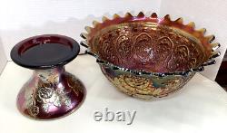 Fenton Wreath Of Roses Amethyst Carnival Glass Punch Bowl withBase Vintage SCARCE