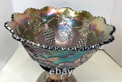 Fenton Wreath Of Roses Green Carnival Glass Punch Bowl withBase Vintage SCARCE