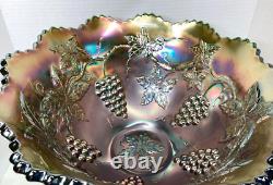 Fenton Wreath Of Roses Green Carnival Glass Punch Bowl withBase Vintage SCARCE