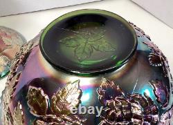 Fenton Wreath Of Roses Green Carnival Glass Punch Bowl withBase Vintage SCARCE