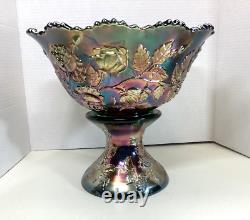 Fenton Wreath Of Roses Green Carnival Glass Punch Bowl withBase Vintage SCARCE