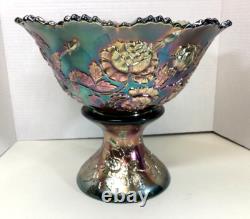 Fenton Wreath Of Roses Punch Bowl withBase Green Carnival Glass Vintage RARE