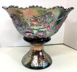 Fenton Wreath Of Roses Punch Bowl withBase Green Carnival Glass Vintage RARE