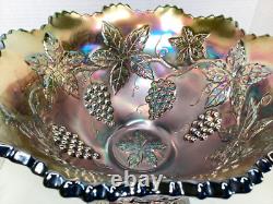 Fenton Wreath Of Roses Punch Bowl withBase Green Carnival Glass Vintage RARE