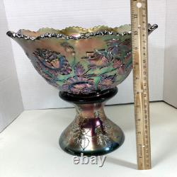 Fenton Wreath Of Roses Punch Bowl withBase Green Carnival Glass Vintage RARE