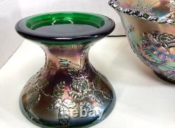 Fenton Wreath Of Roses Punch Bowl withBase Green Carnival Glass Vintage RARE