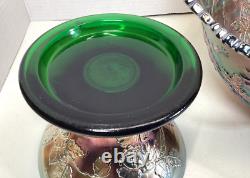 Fenton Wreath Of Roses Punch Bowl withBase Green Carnival Glass Vintage RARE