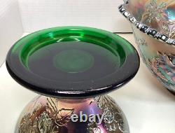 Fenton Wreath Of Roses Punch Bowl withBase Green Carnival Glass Vintage RARE