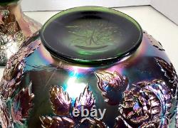 Fenton Wreath Of Roses Punch Bowl withBase Green Carnival Glass Vintage RARE