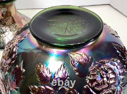Fenton Wreath Of Roses Punch Bowl withBase Green Carnival Glass Vintage RARE