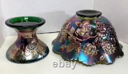 Fenton Wreath Of Roses Punch Bowl withBase Green Carnival Glass Vintage RARE