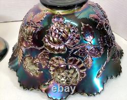 Fenton Wreath Of Roses Punch Bowl withBase Green Carnival Glass Vintage RARE