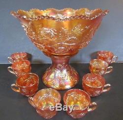 Fenton Wreath of Roses Marigold Carnival Glass Punch Bowl & Cups Set