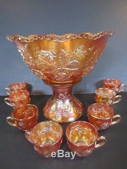 Fenton Wreath of Roses Marigold Carnival Glass Punch Bowl & Cups Set