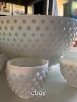 Fenton white hobnail punch bowl with underplate and glasses you pick which set