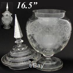 Fine Antique Dutch Sterling Silver & Intaglio Etched Glass 16.5 Tall Punch Bowl