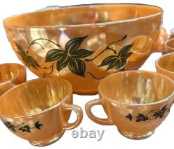 Fire King Anchor Hocking Glass Punch Bowl Cups Set 12 Peach Luster MCM HTF Rare