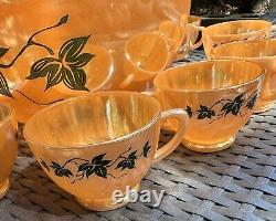 Fire King Anchor Hocking Glass Punch Bowl Cups Set 12 Peach Luster MCM HTF Rare