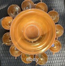 Fire King Anchor Hocking Glass Punch Bowl Cups Set 12 Peach Luster MCM HTF Rare