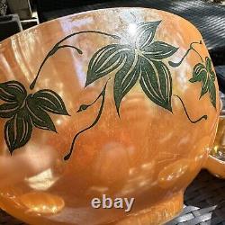 Fire King Anchor Hocking Glass Punch Bowl Cups Set 12 Peach Luster MCM HTF Rare