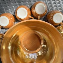 Fire King Anchor Hocking Glass Punch Bowl Cups Set 12 Peach Luster MCM HTF Rare