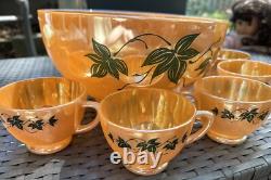 Fire King Anchor Hocking Glass Punch Bowl Cups Set 12 Peach Luster MCM HTF Rare